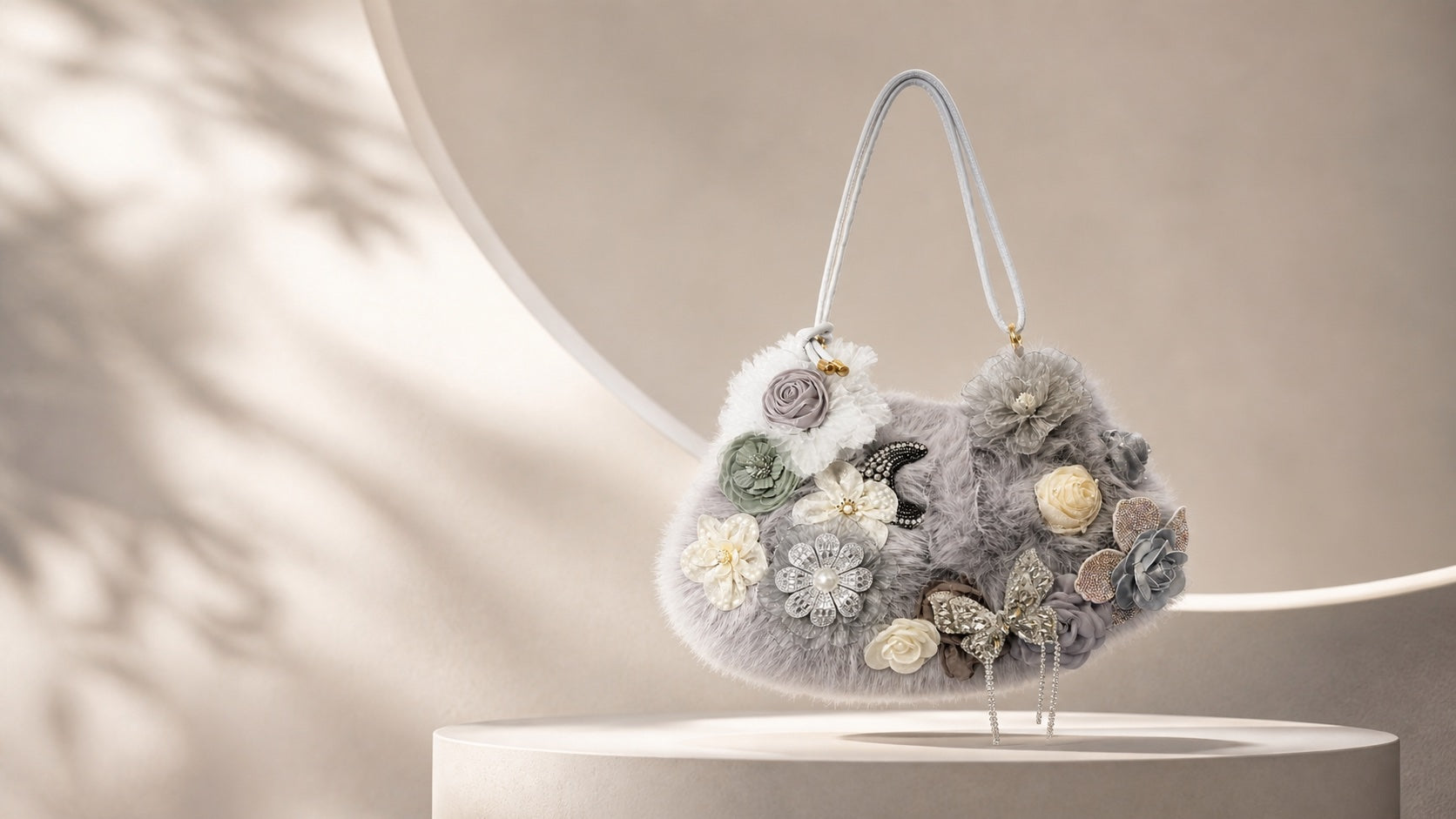 Grey hand-embellished DALINEO statement bag in a sculptural ivory studio