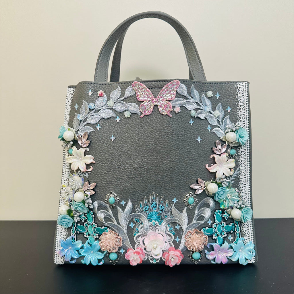 One-of-a-kind hand-embellished DALINEO bag with floral, pearl, and crystal details