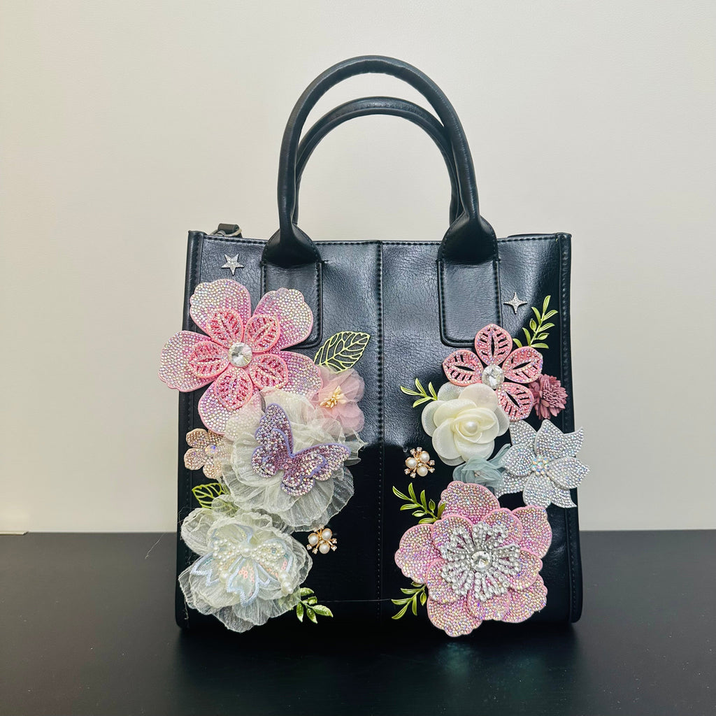 One-of-a-kind hand-embellished DALINEO bag with floral, pearl, and crystal details