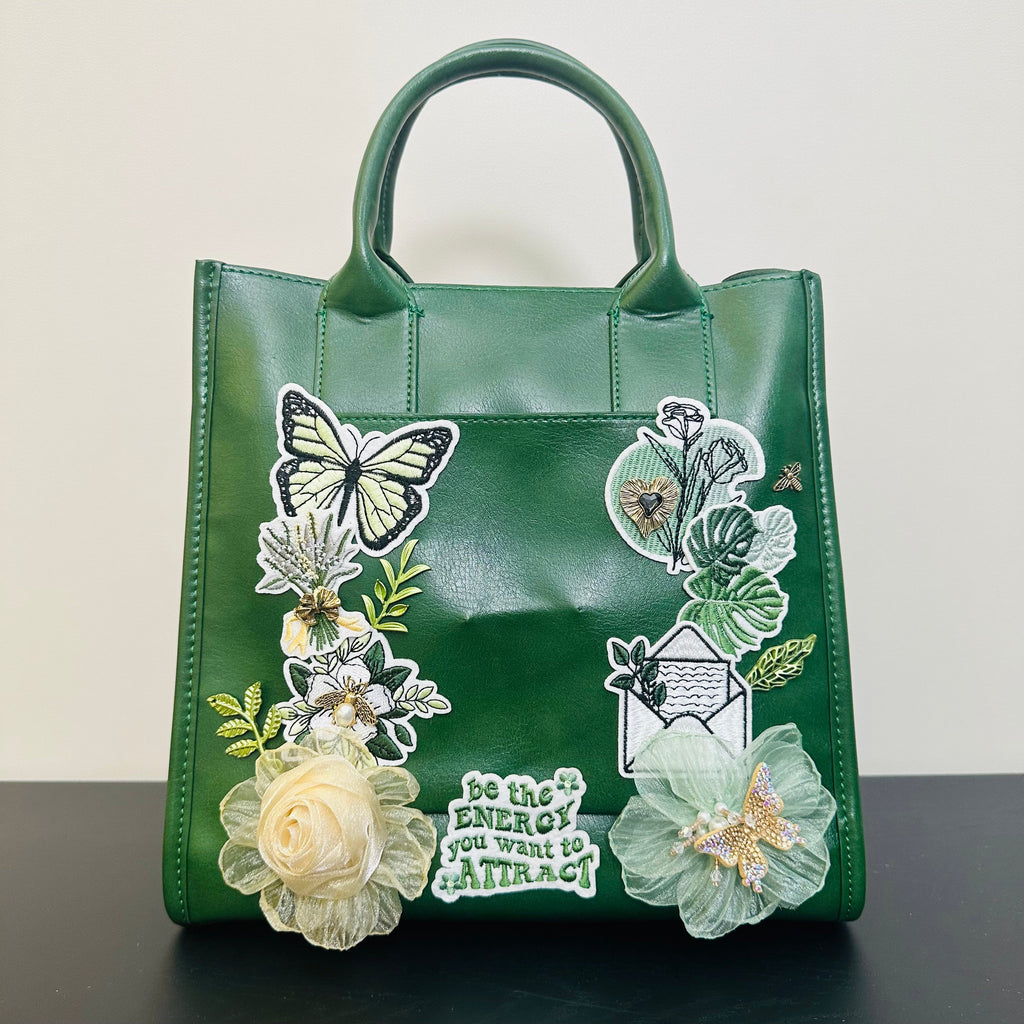 One-of-a-kind hand-embellished DALINEO bag with floral, pearl, and crystal details