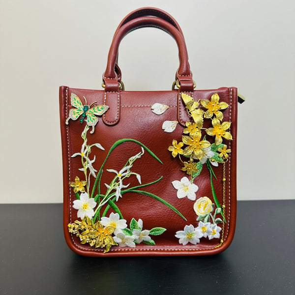 One-of-a-kind hand-embellished DALINEO bag with floral, pearl, and crystal details