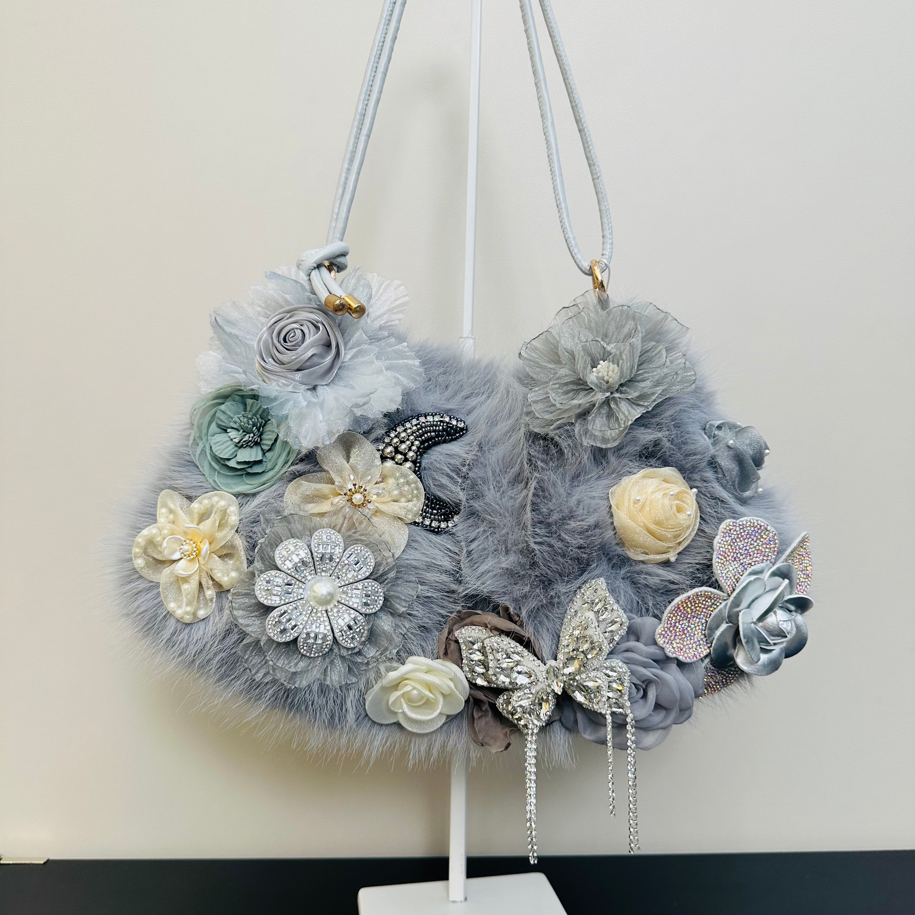 One-of-a-kind hand-embellished DALINEO bag with floral, pearl, and crystal details