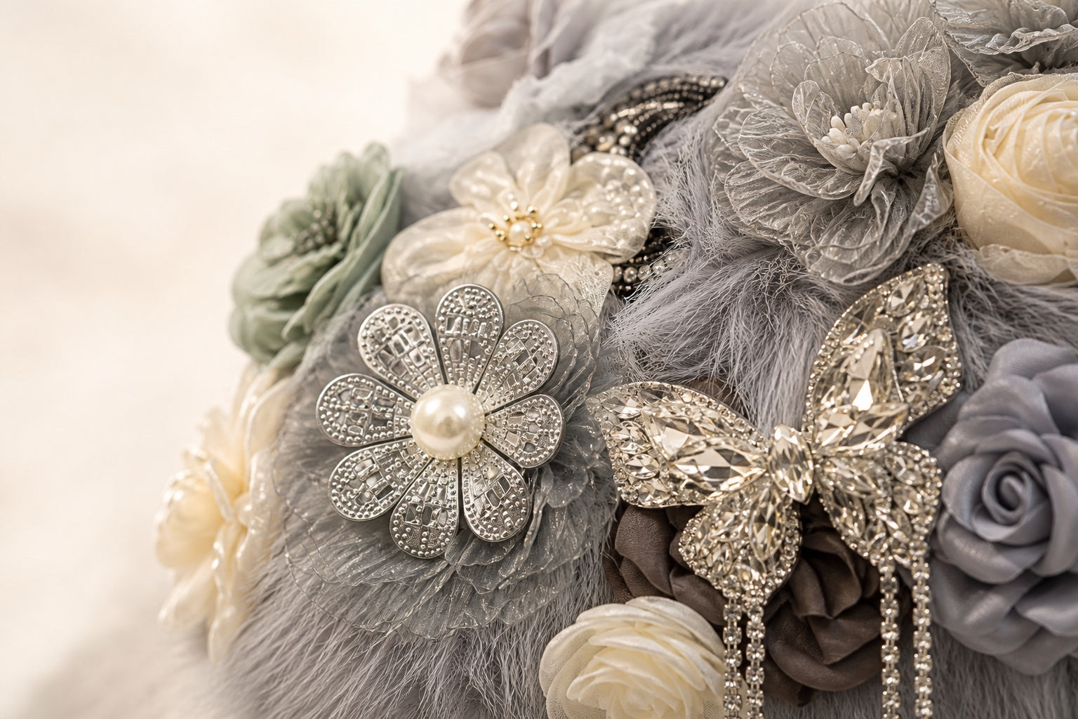 Close-up of DALINEO fabric flowers, pearls, crystals and soft grey fibers